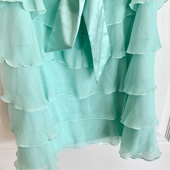 Mint Green Satin Layered Ruffle Chiffon Strapless Party Mini Dress - Picture 7 of 14